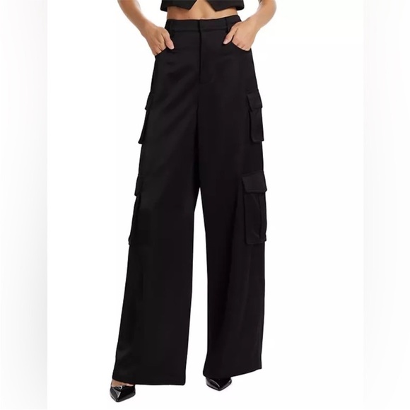 New Favorite Daughter Satin Cargo Pants Wide Leg High Rise Black Sz 0 - Picture 1 of 5